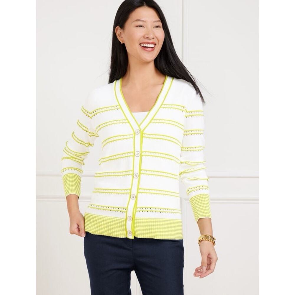 Talbots Women’s V Neck Girlfriend Cardigan Sweater White Yellow Stripe XL